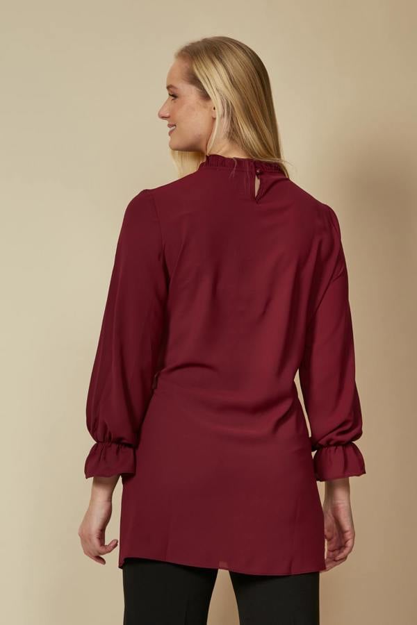 Hoxton Gal Oversized Tie Ruffle Neck with Tie Waist Detailed Top in Burgundy