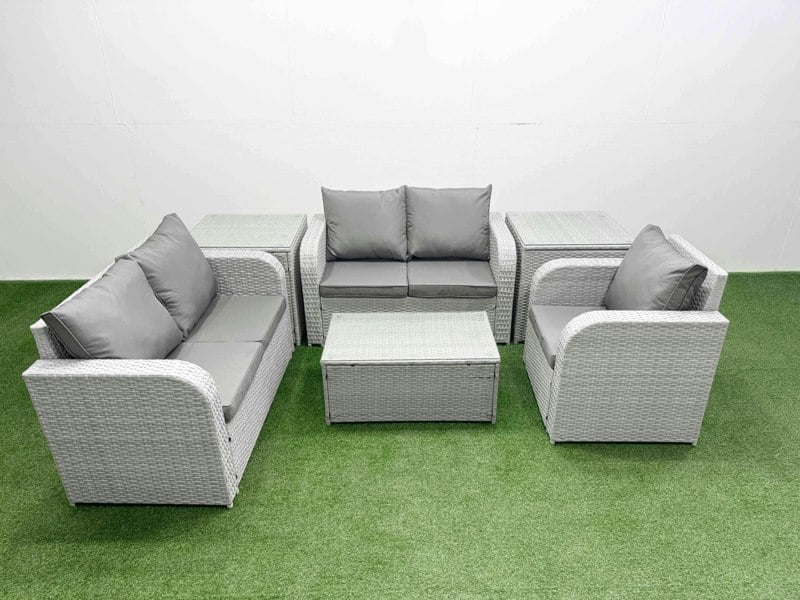 Fimous High Back Poly Rattan Garden Furniture Set - Light Grey Indoor/Outdoor Patio Set with Reclining Chair & Rectangular Coffee Table