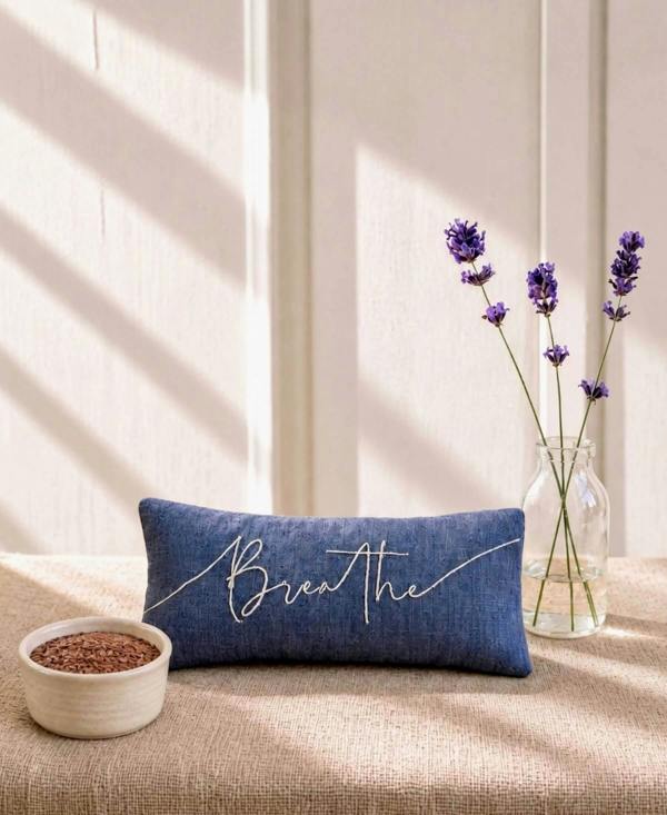 Breathe Embroidered Linen and Lavender Eye Pillow - Blue - Lavender