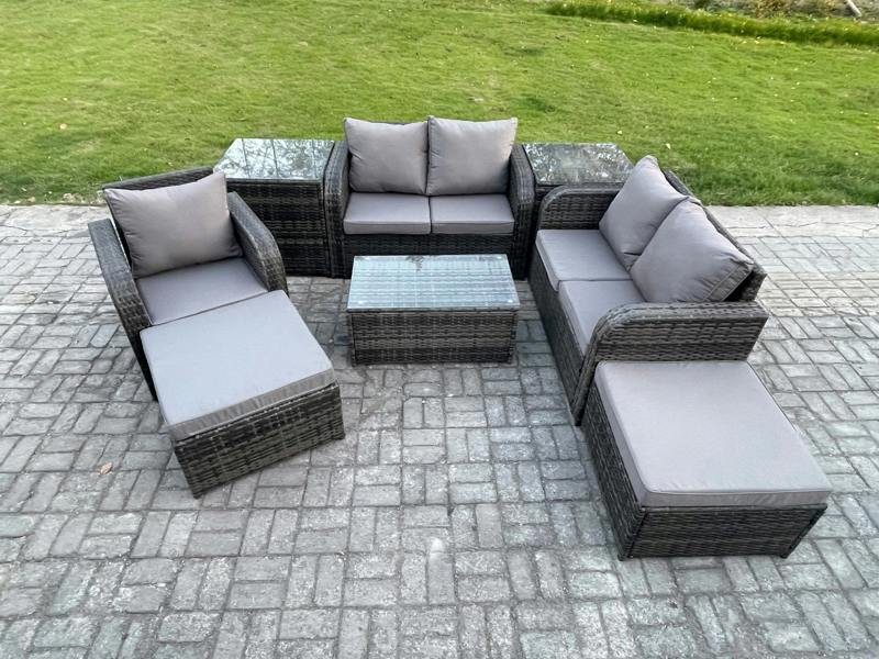 Fimous High Back Rattan Set, Loveseat Sofa, Coffee Table, 2 Big Footstools and 2 Side Tables, Indoor Outdoor Patio Lounge, Dark Grey Mixed