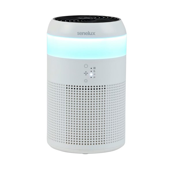 A picture of the Senelux Demi Air Purifier with the LED strip brightly shining with the cool Senelux blue colour