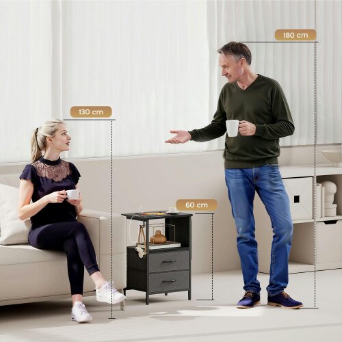 Wyld Haus Pado Metal Black Bedside Table 2 Grey Fabric Fold Down Drawers With Integrated Charging Station