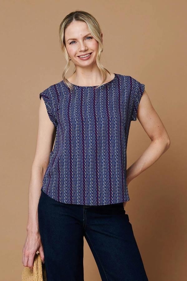 Blue | Chevron Print Cap Sleeve Top