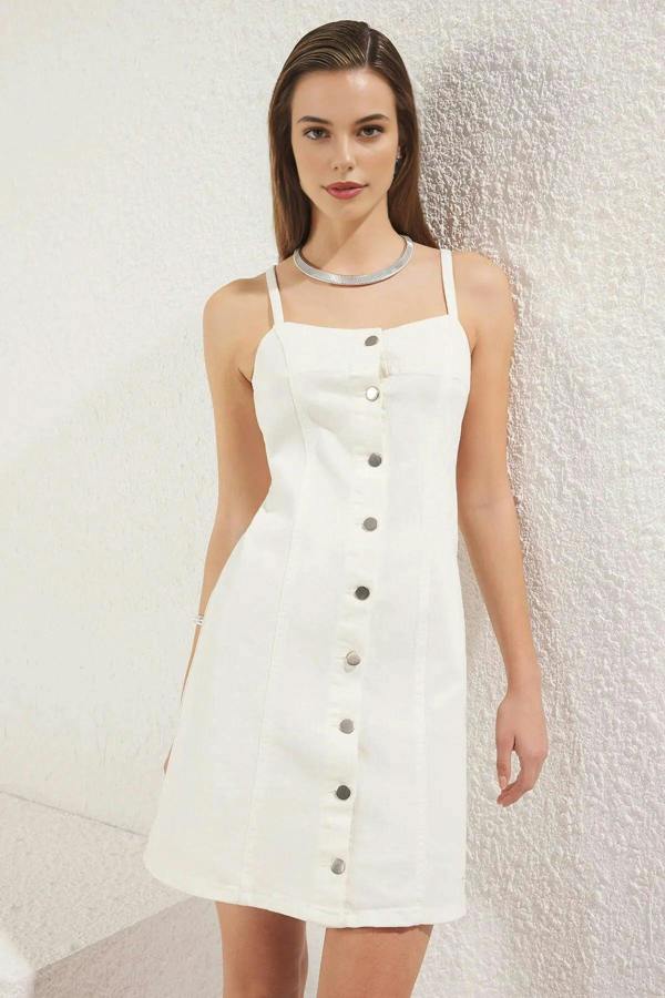 WOVCOR Buttoned Mini Denim Dress with Stitching Detail