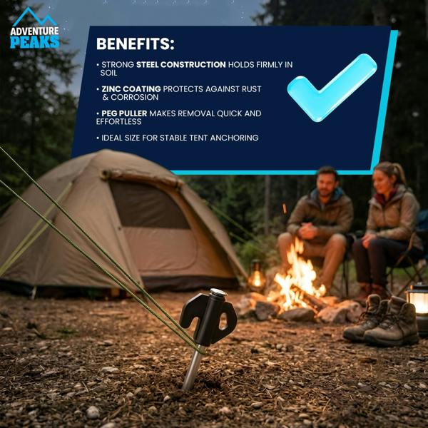 Adventure Peaks Steel Tent Pegs - Set of 20 Zinc Plated Metal Ground Pegs with Peg Puller, Strong Camping & Gazebo Pegs