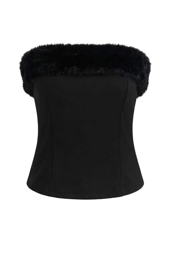 WOVCOR Strapless Knit Party Blouse with Faux Fur Detail