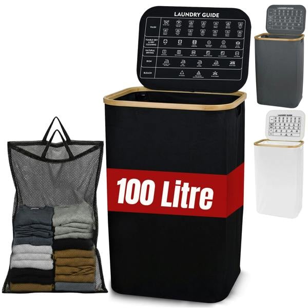 LKH HOME COLLECTION LKH Laundry Basket with Lid 100 Litre-600D Polyester Clothes Hamper-Laundry with Bamboo Handles-44x33x70cm