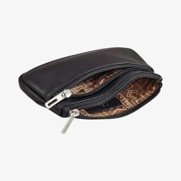 Black Leather Double Zip Coin Purse Open View