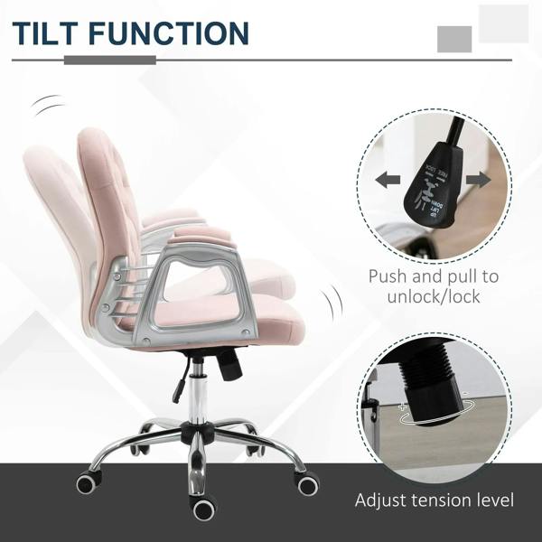 Pink velvet swivel office chair with tilt mechanism and chrome rolling casters