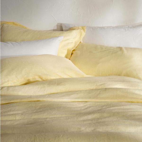 Lemon Yellow French Linen 40cm Deep Fitted Sheets close-up detail 3 | Soak and Sleep