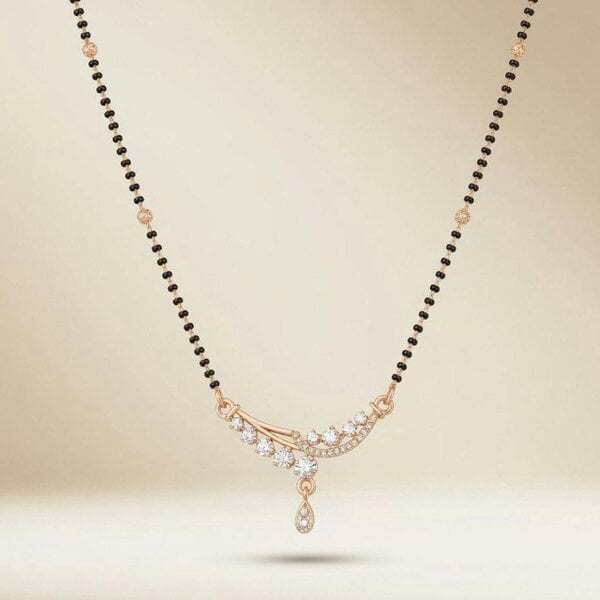 The Colourful Aura Rose Gold Plated CZ Crystal Floral Sweep Mangalsutra Black Bead Necklace 18 Inch