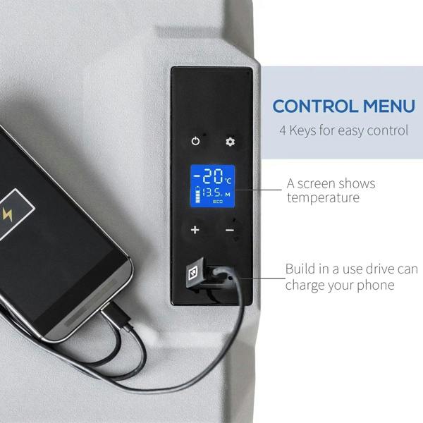 Grey portable cooler control panel with blue temperature display and four buttons