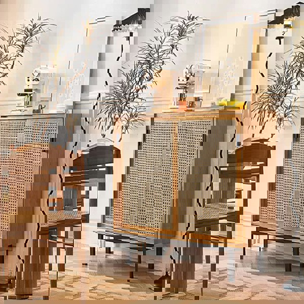 Detail view of Haven Rattan Sideboard, Side Cabinet with cabinet pulls on cabinets