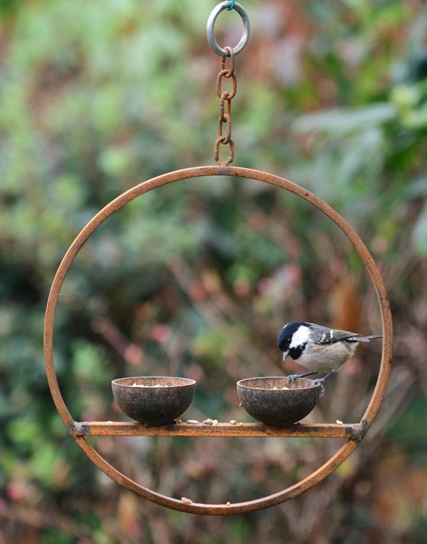 double rusty metal hanging bird feeder