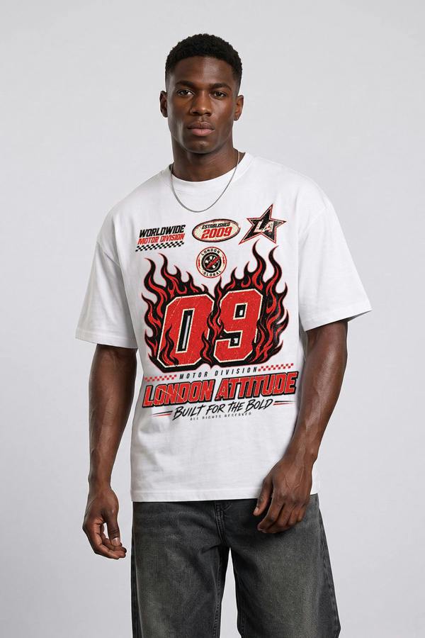 London Attitude Racing Oversized Heavyweight Graphic T-Shirt in White
