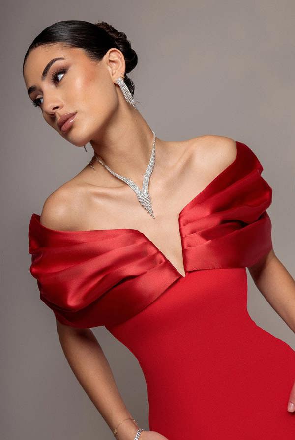 Satin Plunge Neck Bardot Scuba Maxi Dress - Red DR5040