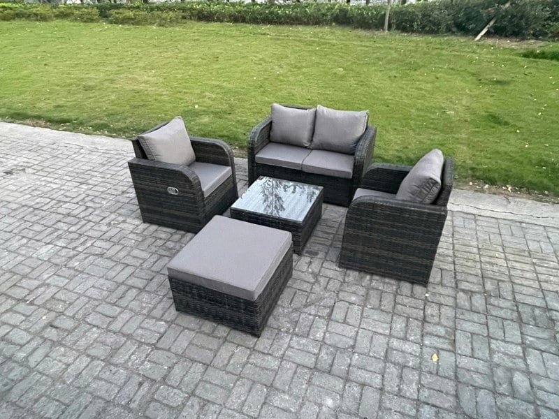 Fimous Wicker PE Rattan Garden Furniture Set Outdoor Lounge Sofa Set with Love Sofa Square Coffee Table Big Footstool Dark Grey Mixed