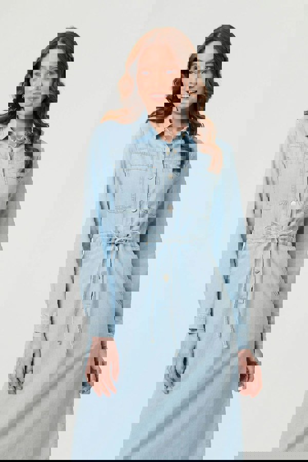 Blue | Denim Tie Waist Long Sleeve Midi Dress
