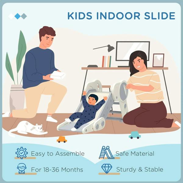 Kids indoor slide infographic featuring a foldable slide and playroom use