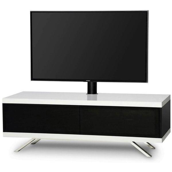MDA Designs TUCANA 1200 Hybrid Black White TV Stand BeamThru Remote-Friendly Doors up to 60" Flat Screen TV Cabinet with Mounting Arm