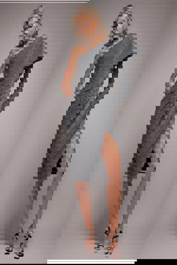 One Sleeve Frill Lurex Midi Dress - Silver DR3806