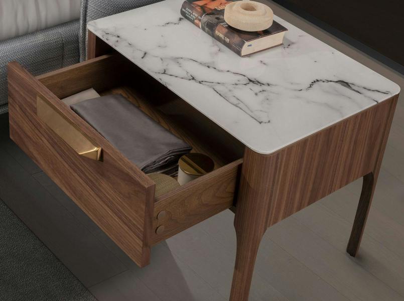 Angel Cerdá Walnut Bedside Table With Imitation Marble Glass Top and Interior Lighting 7038
