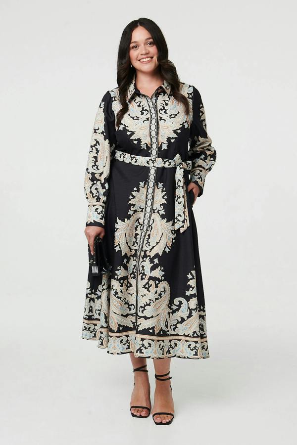 Black | Curve Floral Border Tie Waist Midi Dress
