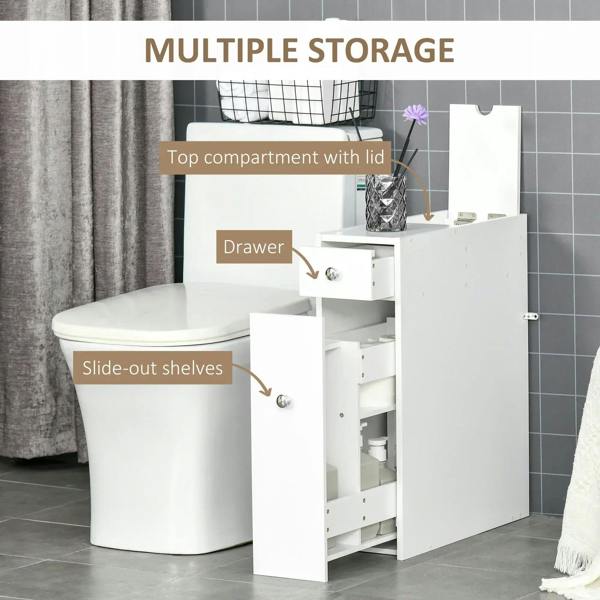 White slim bathroom floor cabinet with slide-out shelves, drawers, and top compartment
