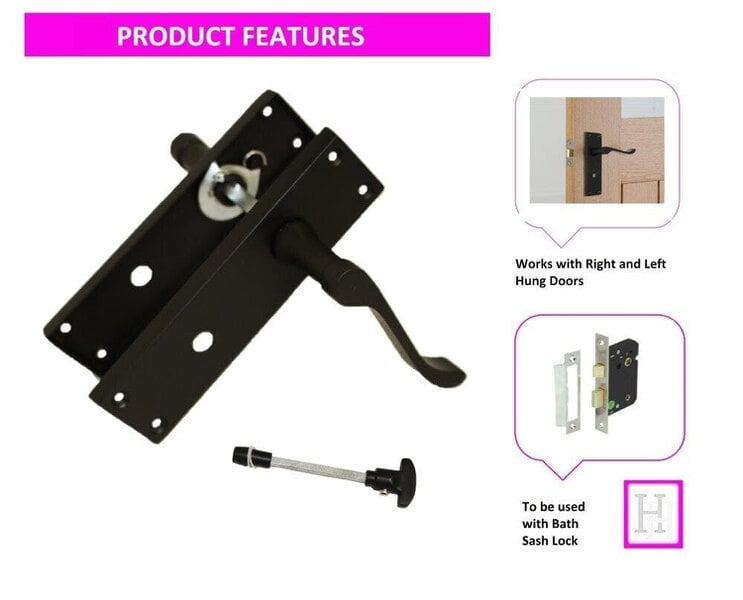 EDH Door Hardware Matt Black Modern Victorian Scroll Bathroom Door Handles and Bath Lock 2 Pairs