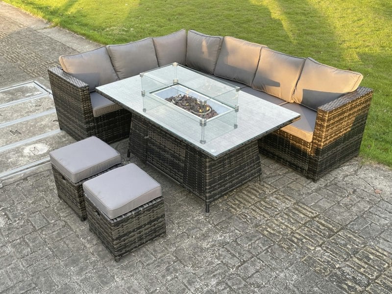 Fimous 8 Seater PE Rattan Corner Sofa Set Gas Fire Pit Dining Table Set Heater With 2 Small Stools