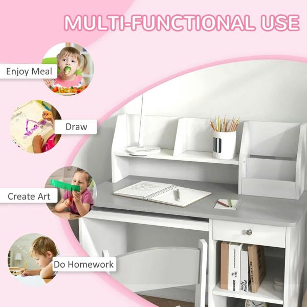 Kids desk and chair set with storage shelves and drawer, white desk and chair