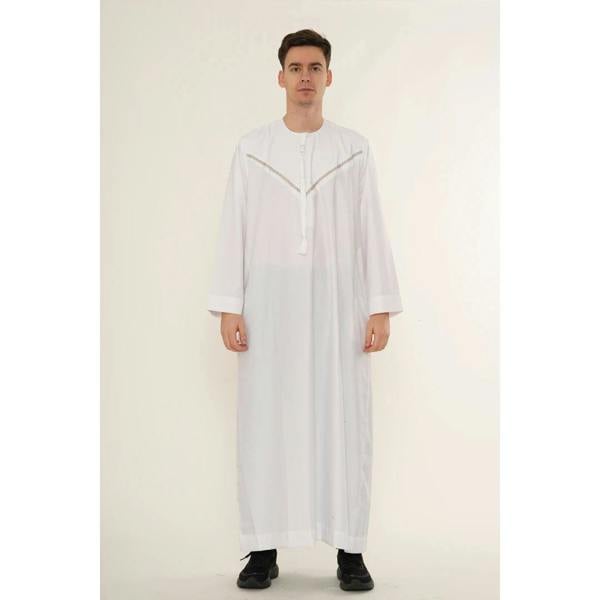 HM10 - Men's Emirati Omani Zipped Embroidery Thobe - White - Thobez - 4