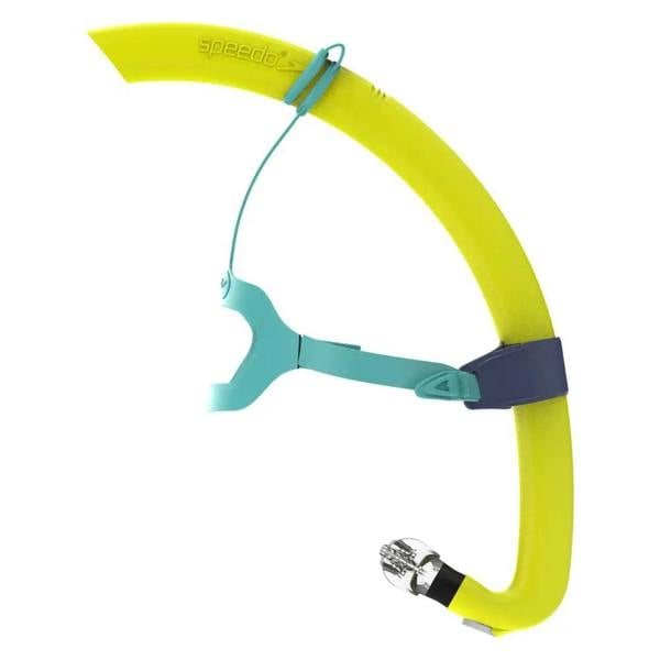 Bright yellow Speedo junior bullet head snorkel with teal and navy accents