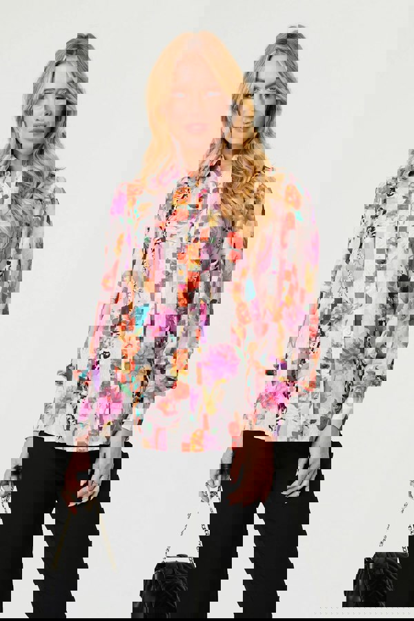 Pink | Abstract Floral Long Puff Sleeve Shirt
