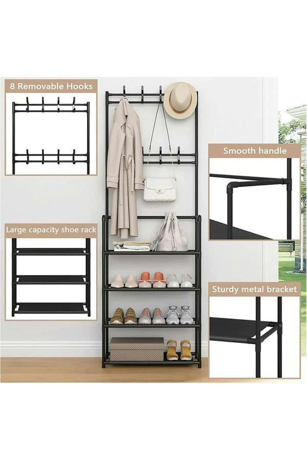 Living and Home 4 Tier Shoe Shelf Storage Organizer with Hooks Clothes Hanger Garment Rack