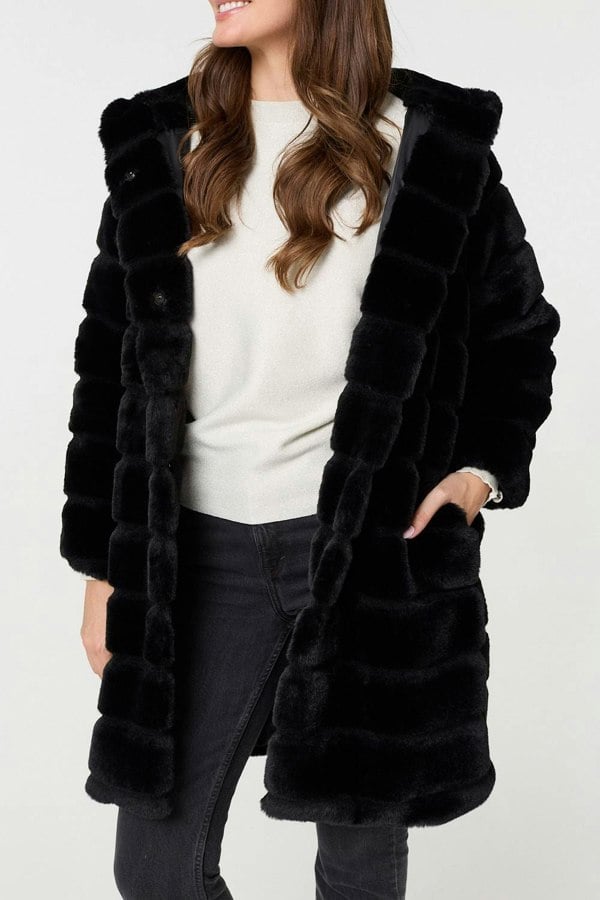 Black | Faux Fur Thigh Length Hooded Jacket
