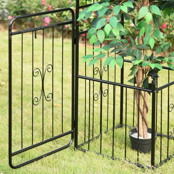 Black metal arbor with double gate and side fence, potted plant on planter basket