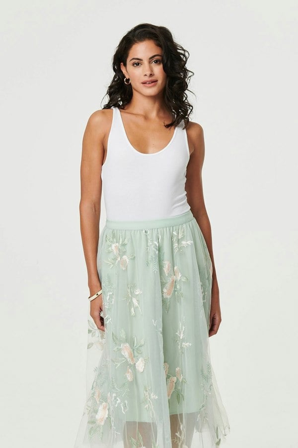 Sage | Floral Texture Semi Sheer Midi Skirt
