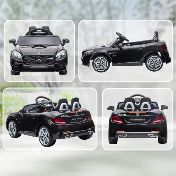 Black kids electric ride-on car shown from multiple angles, front, side, and rear