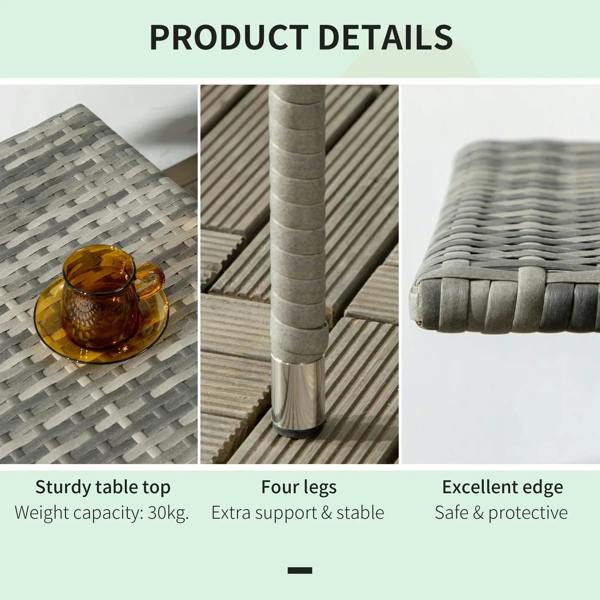 Grey woven table with sturdy legs and reinforced edge detail