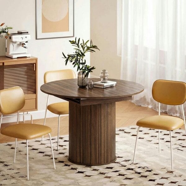 Extendable Round Dining Table Kitchen Table Hidden Leaf Storage Pedestal Base Seats 6-8 110-150 cm Dark Walnut