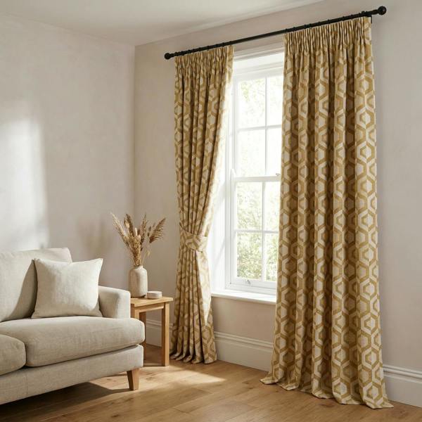 Gusta made-to-measure curtains in Ochre, styled in a living room