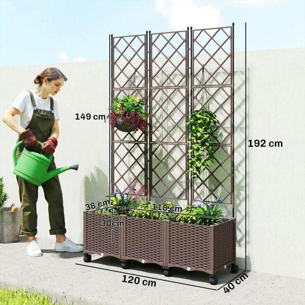 Plastic Raised Planter with Trellis, Self Watering Raised Bed for Garden with Wheels, Drainage Holes, Brown