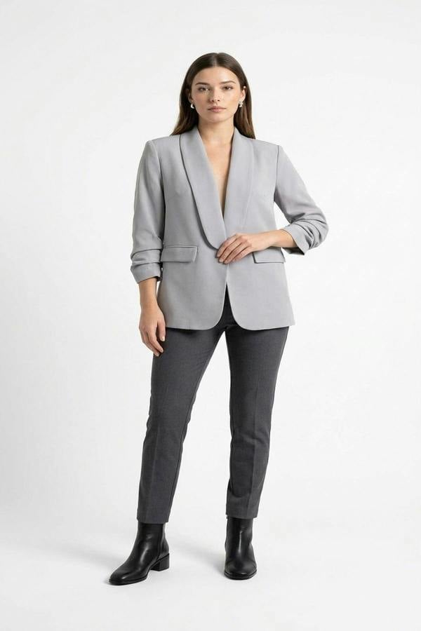 Valerie Ruched Sleeve Open Front Blazer Jacket With Front Pockets - Grey