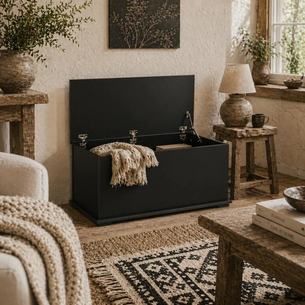Wyld Haus Leretteo Black Large Storage Chest With Flip Top Lid And Safety Hinges 113 Litre