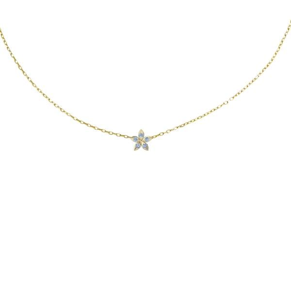 Small gold flower pendant necklace by Bloomtine. High-quality 18k gold vermeil jewelry for women, featuring a minimalist botanical blossom design on a white background