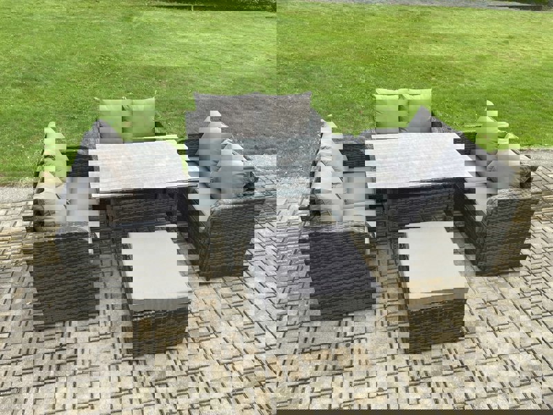 Fimous Wicker PE Rattan Sofa Outdoor Garden Furniture Set with Rectangular Dining Table Big Footstool Dark Grey Mixed