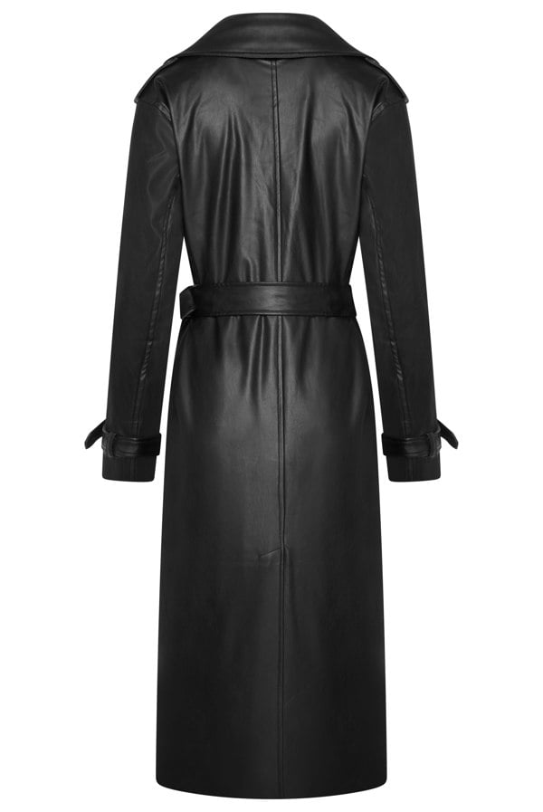 Elle Sophia PU Long Trench Coat in Black