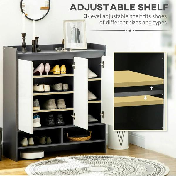Adjustable 3-level shoe cabinet shelf inside grey frame with white doors