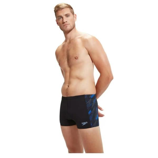 Black Speedo Hyperboom Panel Aquashort swim trunks in blue white design